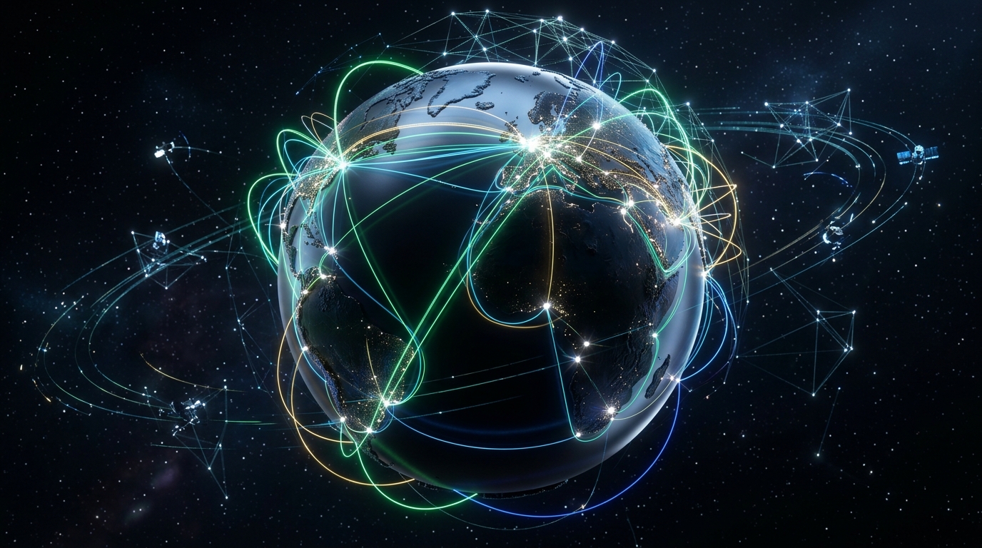 Tarigri Traders global network visualization connecting IT infrastructure and international shipping routes